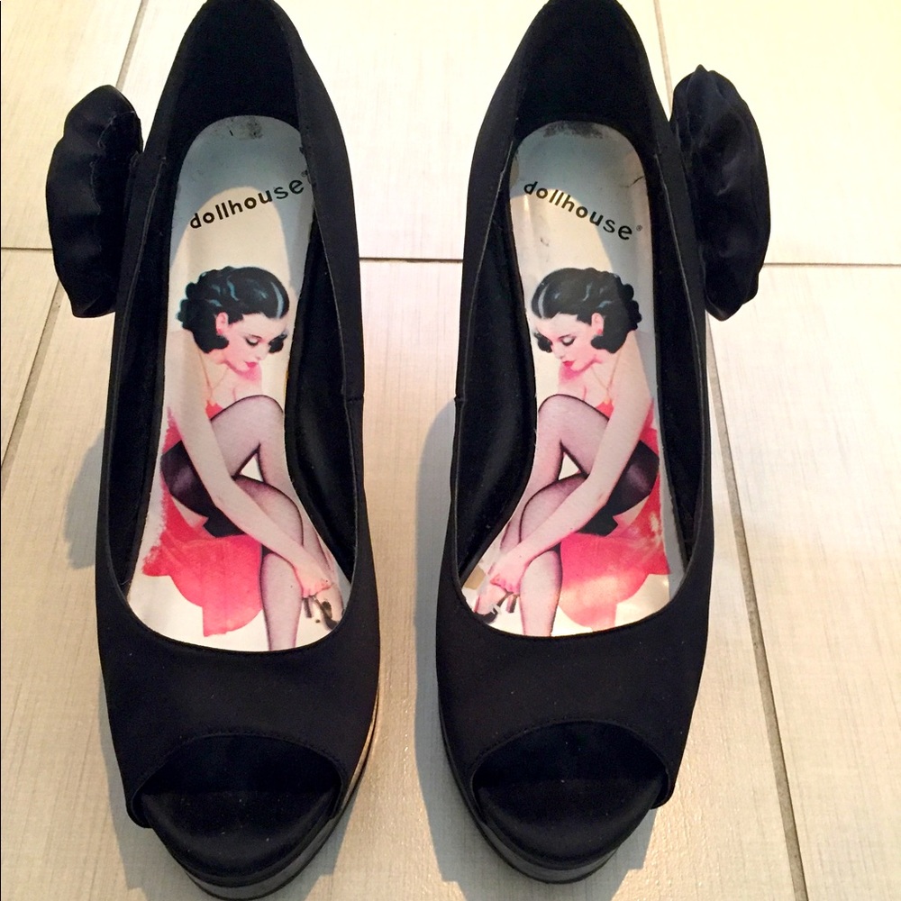 Dollhouse Peep-toe Black Satin Pumps - 10.5